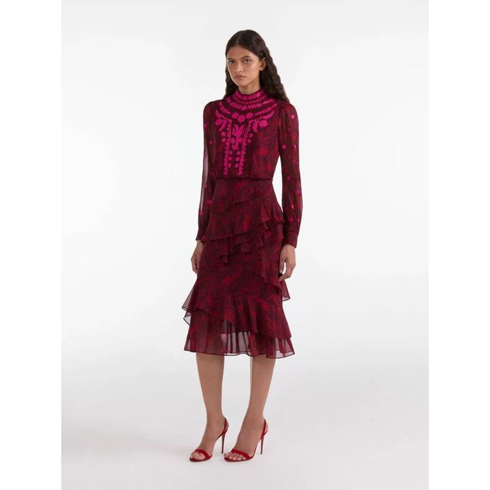 Saloni Isa Ruffle Silk Midi Dress in Astilbe Burgundy Embroidery 10 - Picture 2 of 3